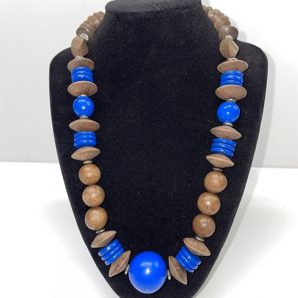 VTG Bright Blue Painted Graduated Round‎ Disc Wood Bead Necklace 21” BOHO Chunky